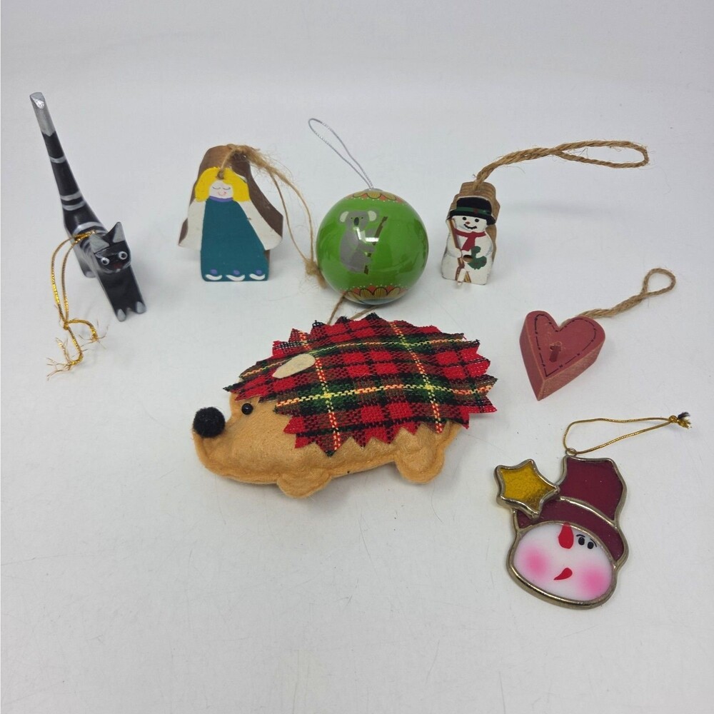 VTG Lot of 7 Kitschy Christmas Ornament Wooden Painted Hedgehog